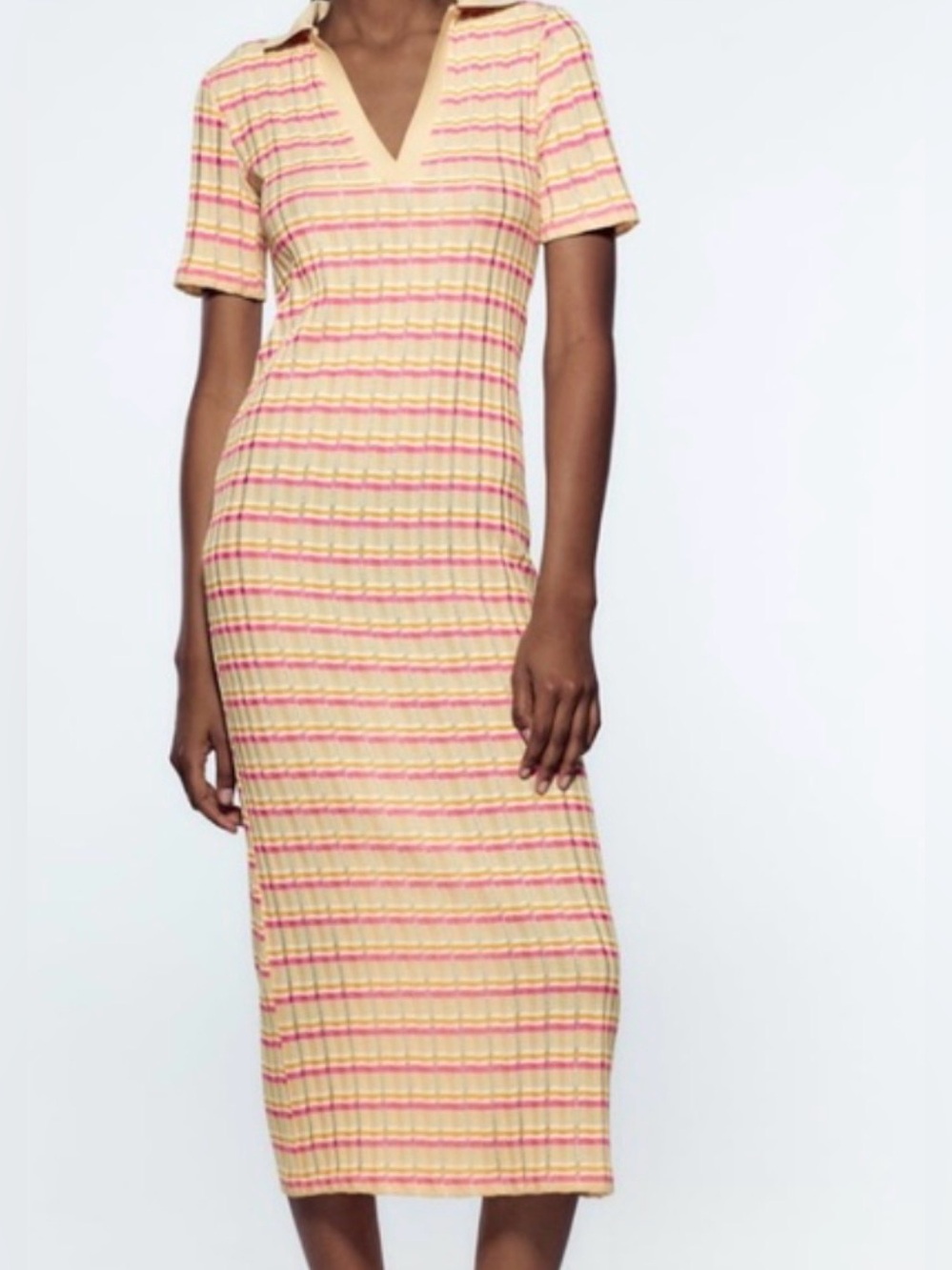 Zara Yellow and Pink Striped Polo-Style Maxi Dress Small
